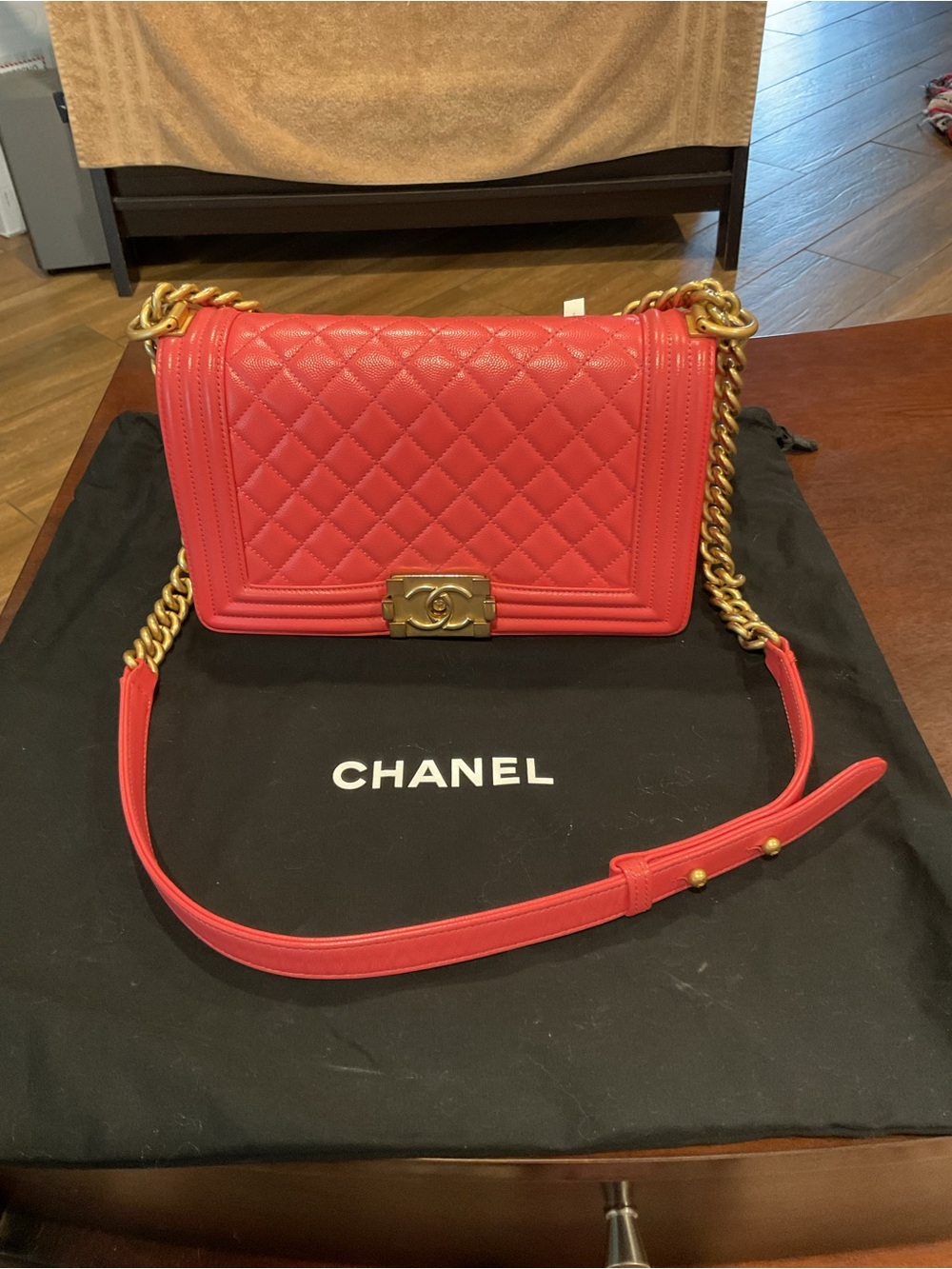 CHANEL Coral Quilted Boy Shoulder Bag with Gold Hardware Authentic